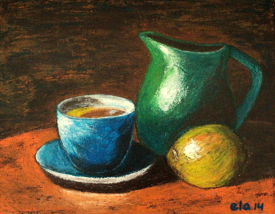 Still Life with Blue Tea Cup Painting by Ela Jane Jamosmos