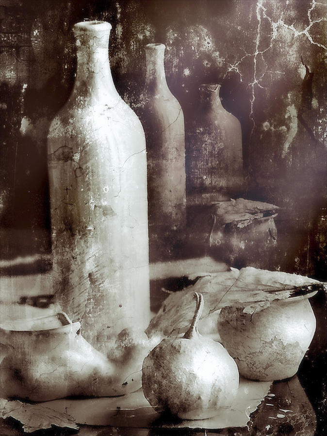 Still Life with Bottle and reflections Digital Art by Sviatlana Kandybovich