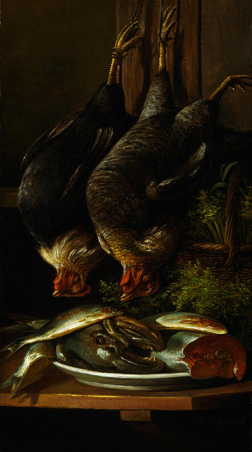 Still Life with Chickens and Fish Painting by Celestial Images