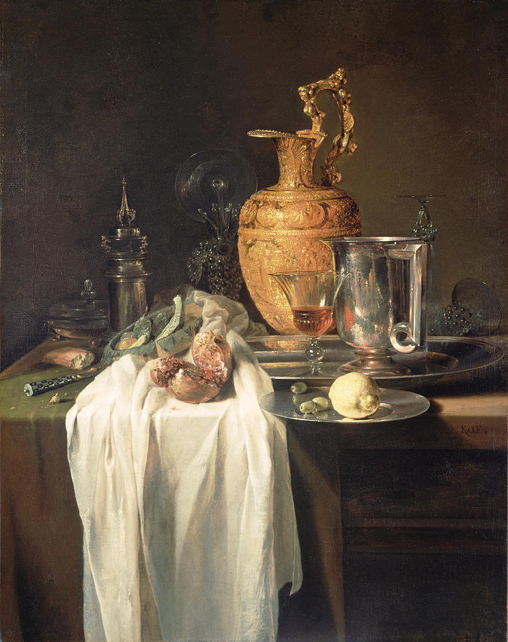 Still Life With Ewer Vessels And Pomegranate Painting by Willem Kalf