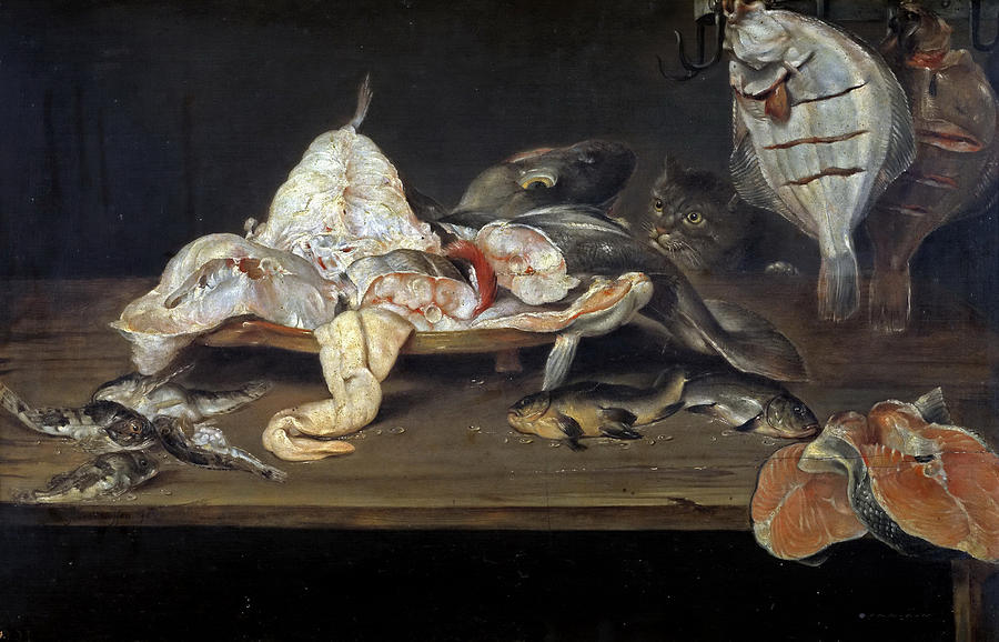 Beautiful Painting - Still Life with Fish and a Cat by Alexander Adriaenssen