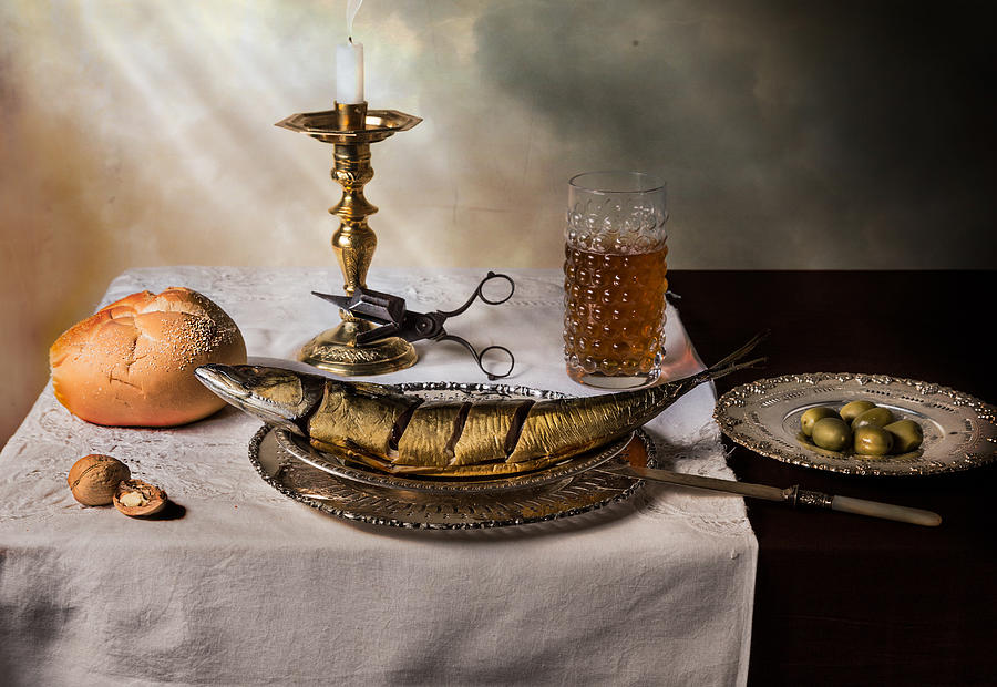 Still Life with Fish-Bread-Olives and Snuffed Candle Photograph by Levin Rodriguez