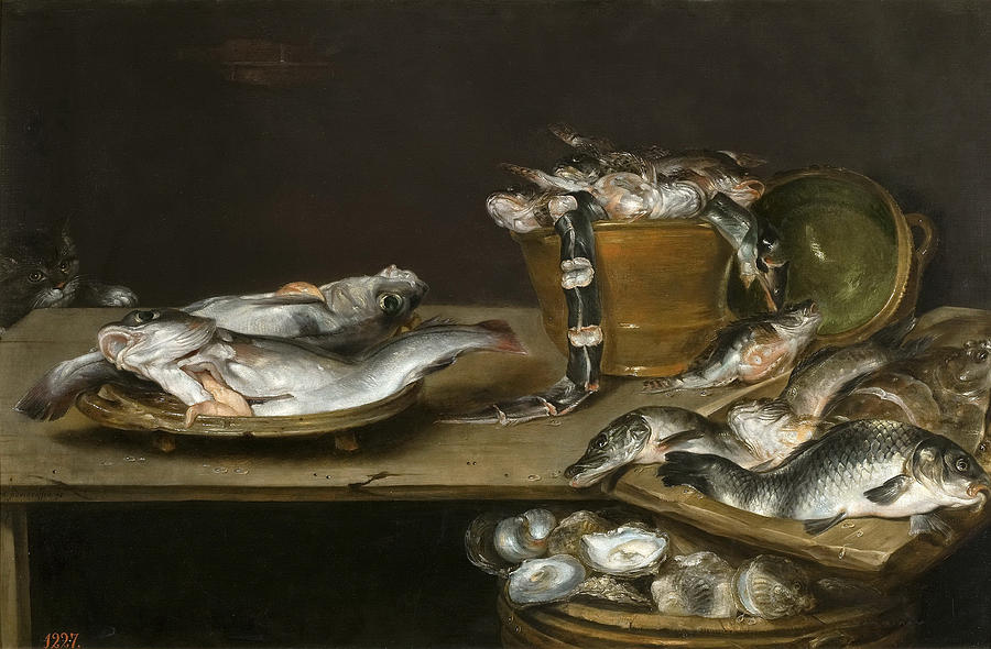 Still Life with Fish Oysters and a Cat Painting by Alexander Adriaenssen