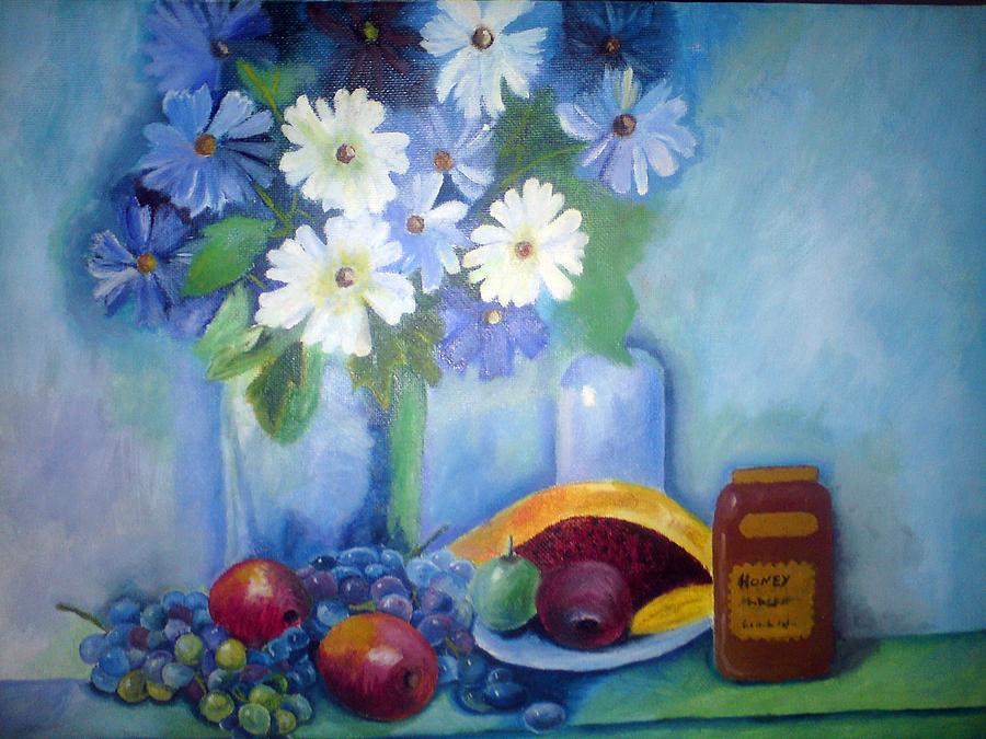 Still Life Painting - Still Life With Flowers And Fruits by John Davis