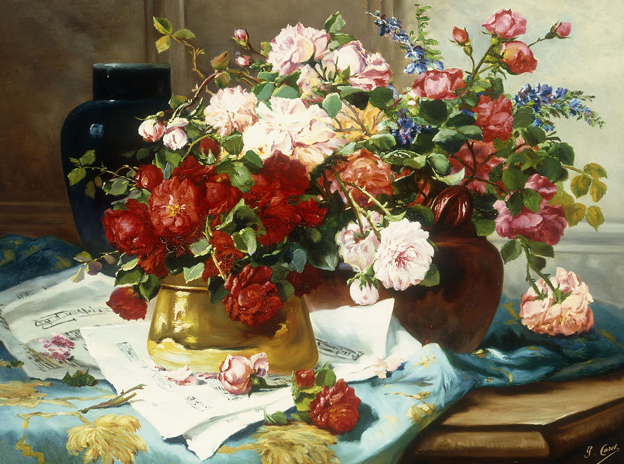 Still Life with Flowers and Sheet Music Painting by Jules Etienne Carot