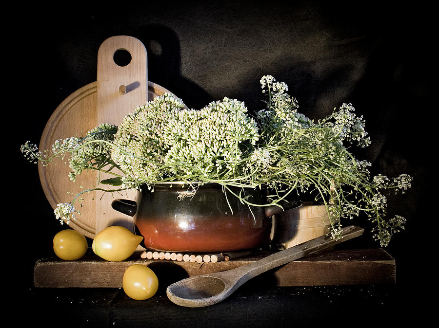 Still life with flowers and vegetable soup Photograph by Sviatlana Kandybovich