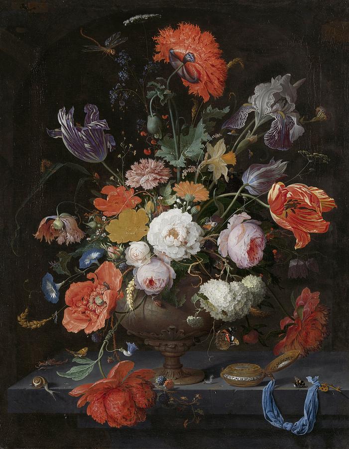 Still Life With Flowers and Watch Painting by Abraham Mignon