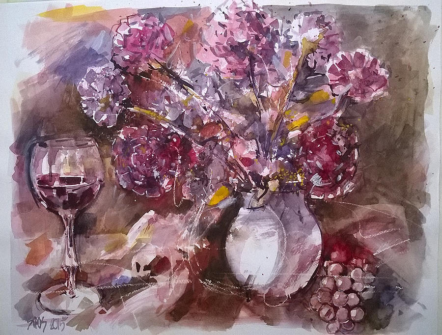 Still Life Painting - Still life with flowers and wine. by Lorand Sipos