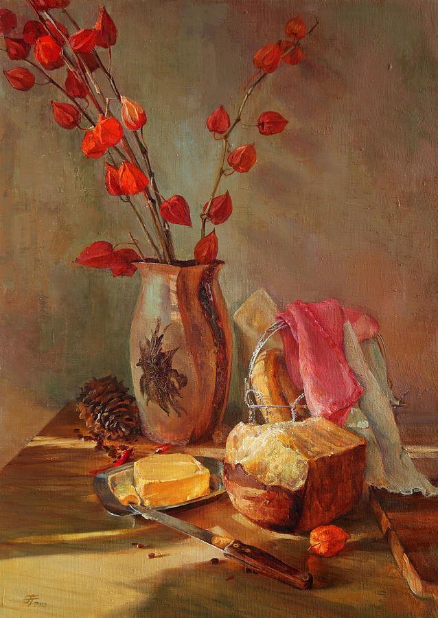 Bread Painting - Still-life with fresh bread and a knife by Galina Gladkaya