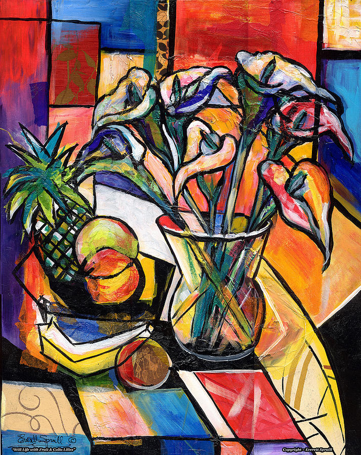 Still Life with Fruit and Calla Lilies Painting by Everett Spruill