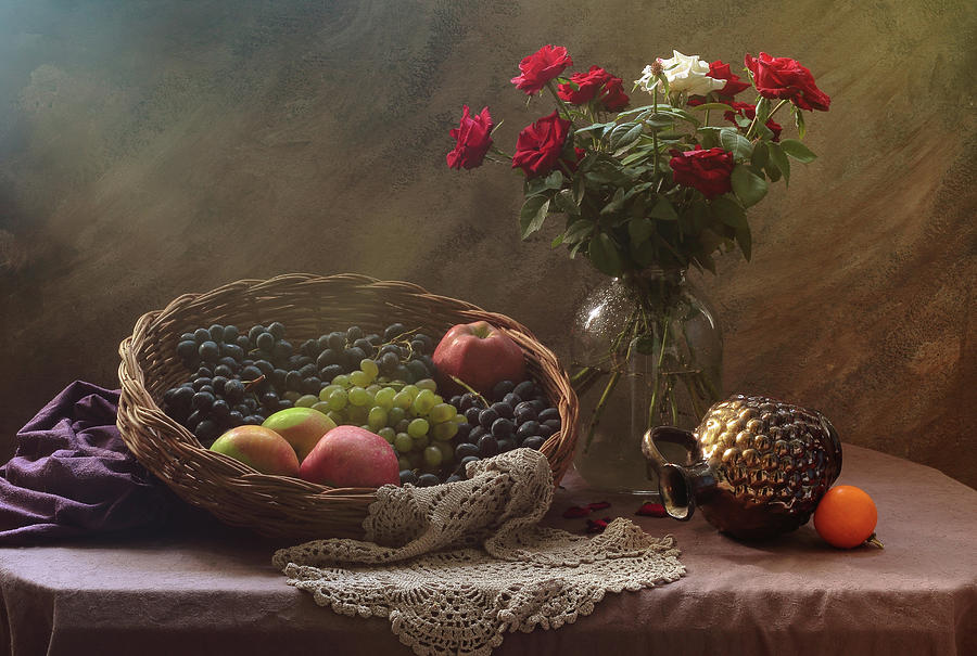 Flower Photograph - Still Life With Fruit And Roses by Ustinagreen