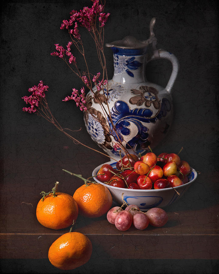 Still Life with Cherries-Oranges and Blue Tankard  Photograph by Levin Rodriguez