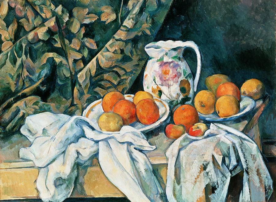 Paul Cezanne Painting - Still Life With Fruit Curtain And Flowered Pitcher by Paul Cezanne