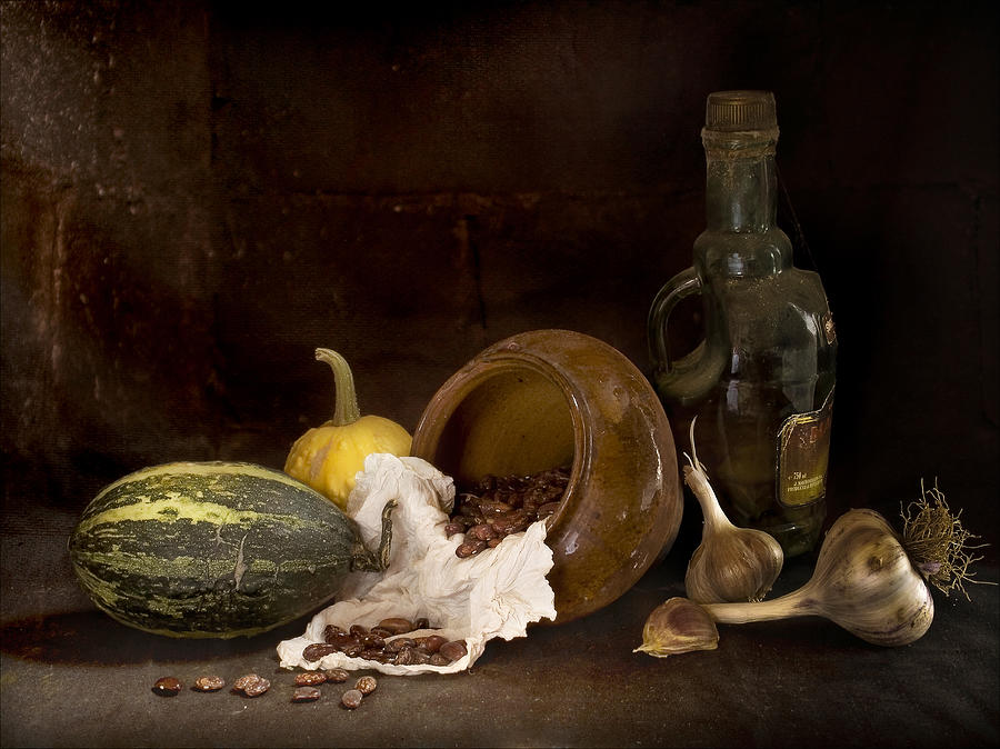 Still life with garlic  and strewed beans Photograph by Sviatlana Kandybovich