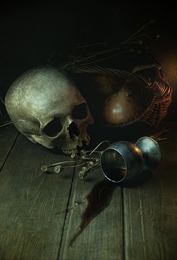 Still life with human skull and silver chalice Photograph by Jaroslaw Blaminsky