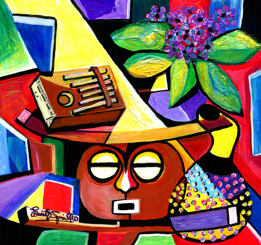 Still Life with Kalimba and African Violets Painting by Everett Spruill