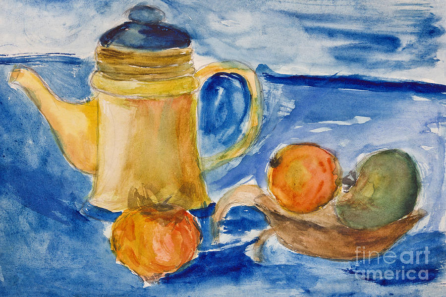 Still Life Painting - Still life with kettle and apples aquarelle by Kiril Stanchev