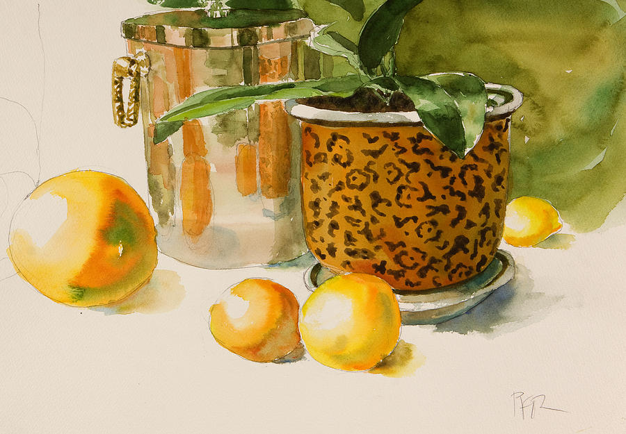 Plant In Pot Painting - Still life with lemons and potted plant by Pablo Rivera Plant In Pot Painting - Still life with lemons and potted plant by Pablo Rivera