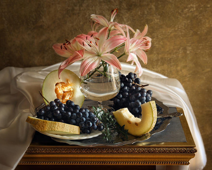 Grape Photograph - Still life with lily flowers and melon by Vitaliy Gladkiy