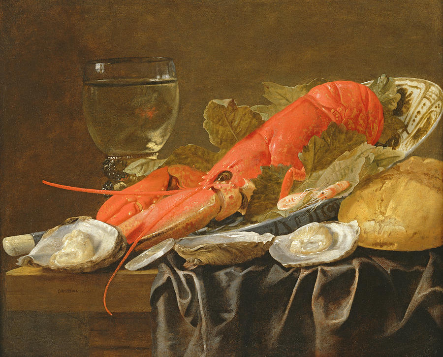 Porcelain Photograph - Still Life With Lobster, Shrimp, Roemer, Oysters And Bread Oil On Copper by Christiaan Luykx or Luycks