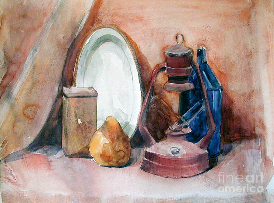 Still Life Painting - Watercolor Still Life with rustic, old Miners Lamp by Greta Corens