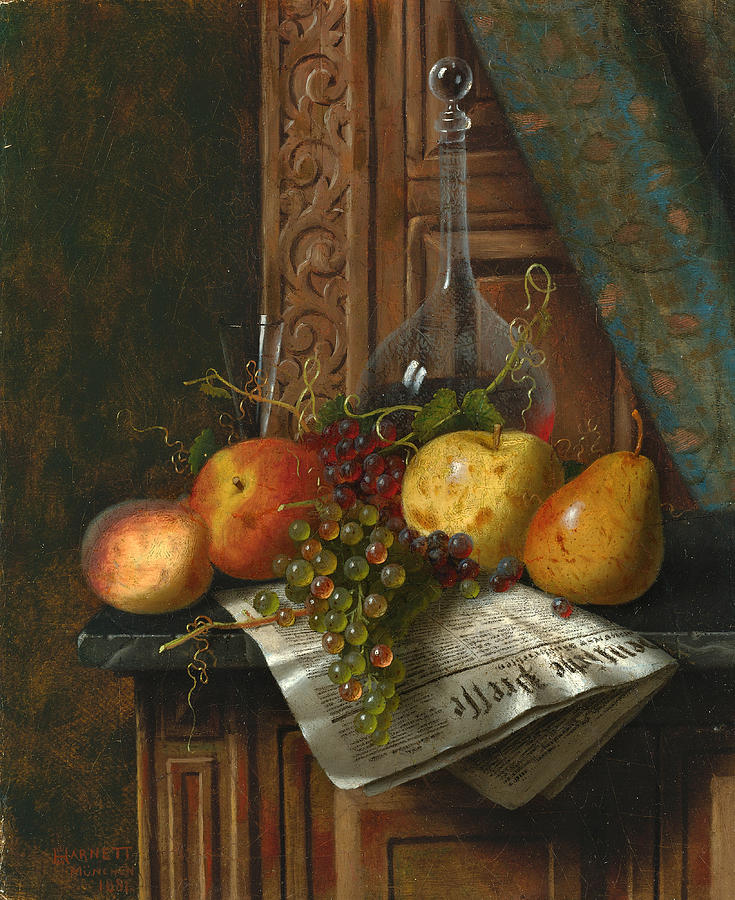Still Life with Munich Newspaper Fruit and Decanter Painting by William Michael Harnett