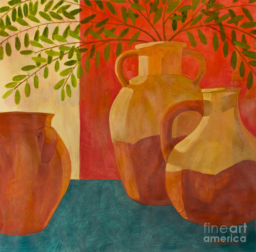 Vessels with Olive Branches I Painting by Sandra Neumann Wilderman