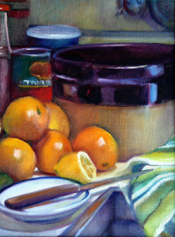 Stoneware Bowl Painting - Still Life With Oranges And Lemon by Pat Percy