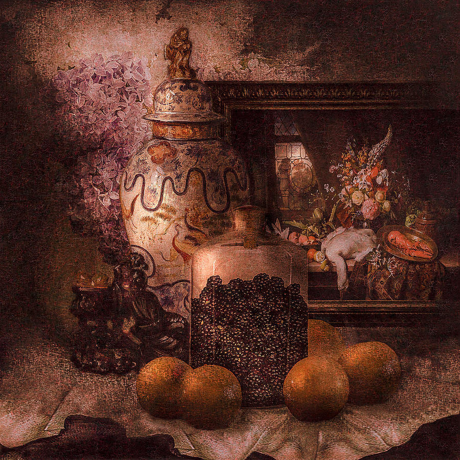 Still life with oranges and blackberries and lilacs Photograph by Jeff Burgess
