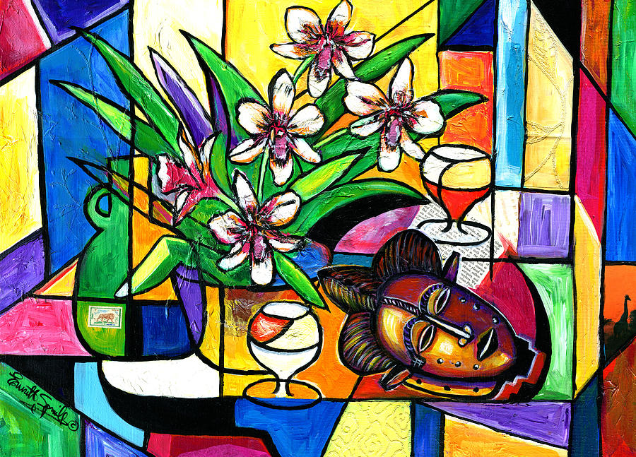 Cubism Painting - Still LIfe with Orchids and African Mask by Everett Spruill
