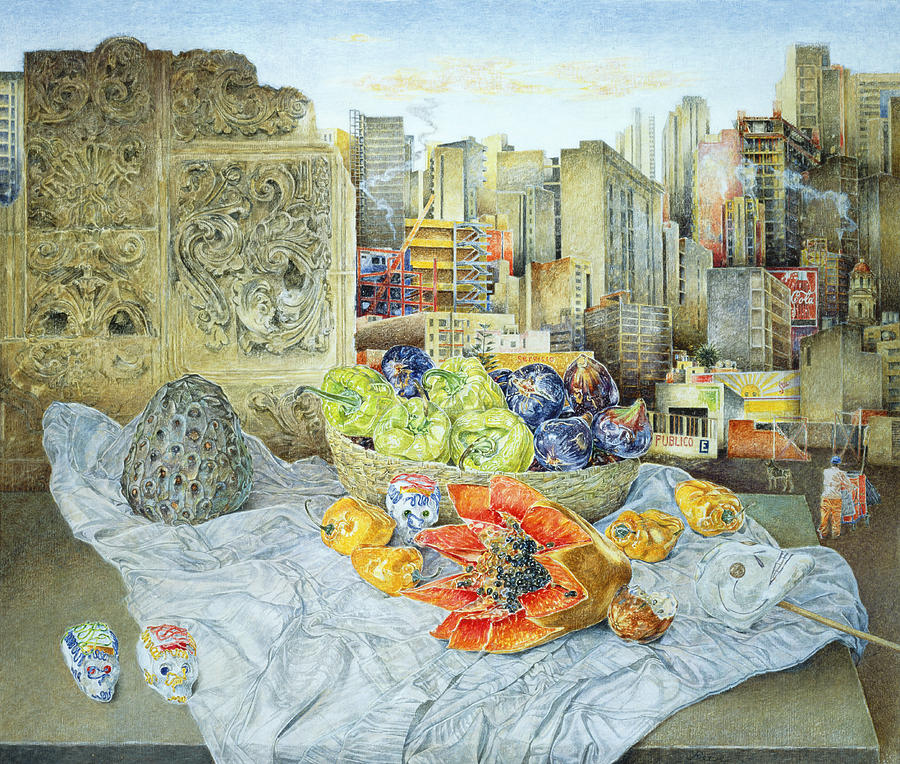 Fruit Photograph - Still Life With Papaya And Cityscape, 2000 Oil On Canvas by James Reeve