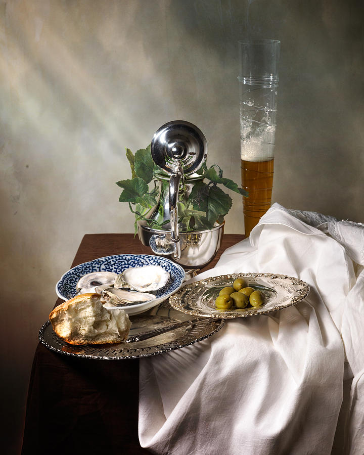 Still Life with Pass Glass-Silverware-Oysters and Olives Photograph by Levin Rodriguez