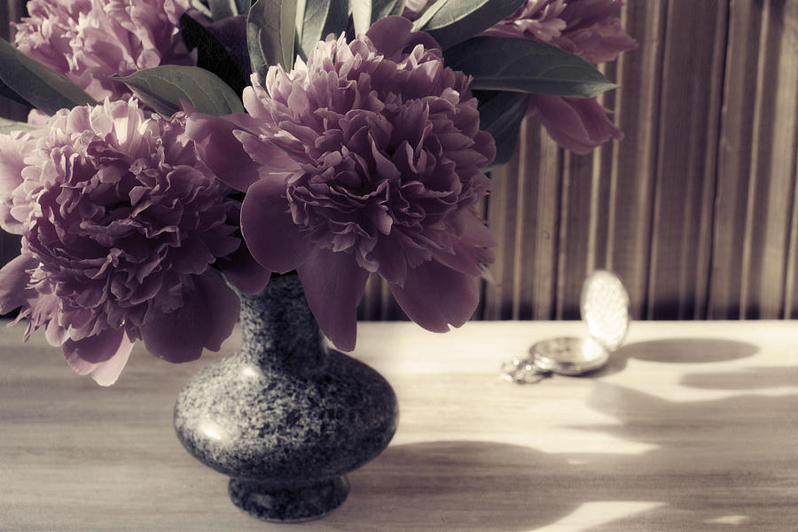 Still Life with Peonies and hours Photograph by Sviatlana Kandybovich