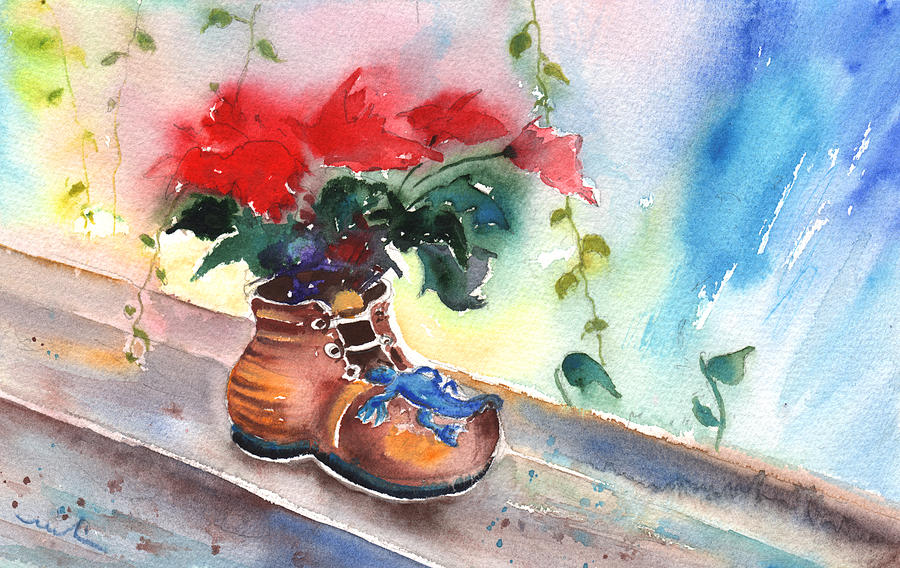 Still Life with Poinsettia and Shoe Painting by Miki De Goodaboom