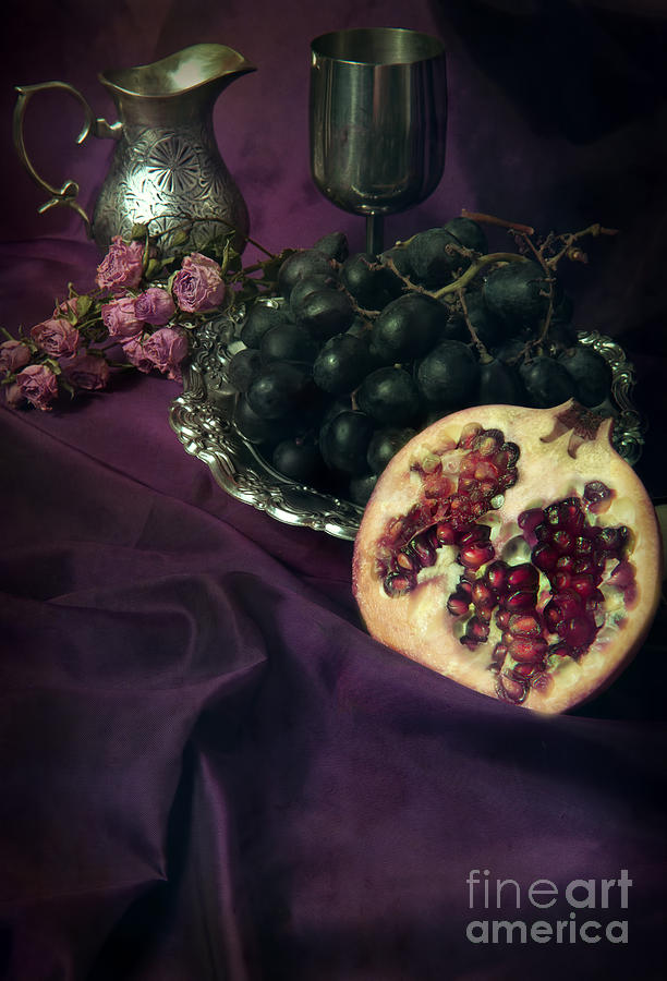Still Life Photograph - Still life with pomegranate and dark grapes by Jaroslaw Blaminsky
