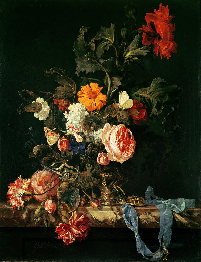 Butterfly Photograph - Still Life With Poppies And Roses by Willem van Aelst