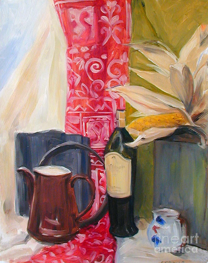 Wine Bottle Painting - Oil Painting Still Life with Red Cloth and Pottery by Greta Corens