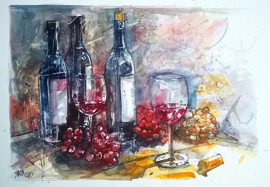 Grape Painting - Still life with red wine and grapes by Lorand Sipos