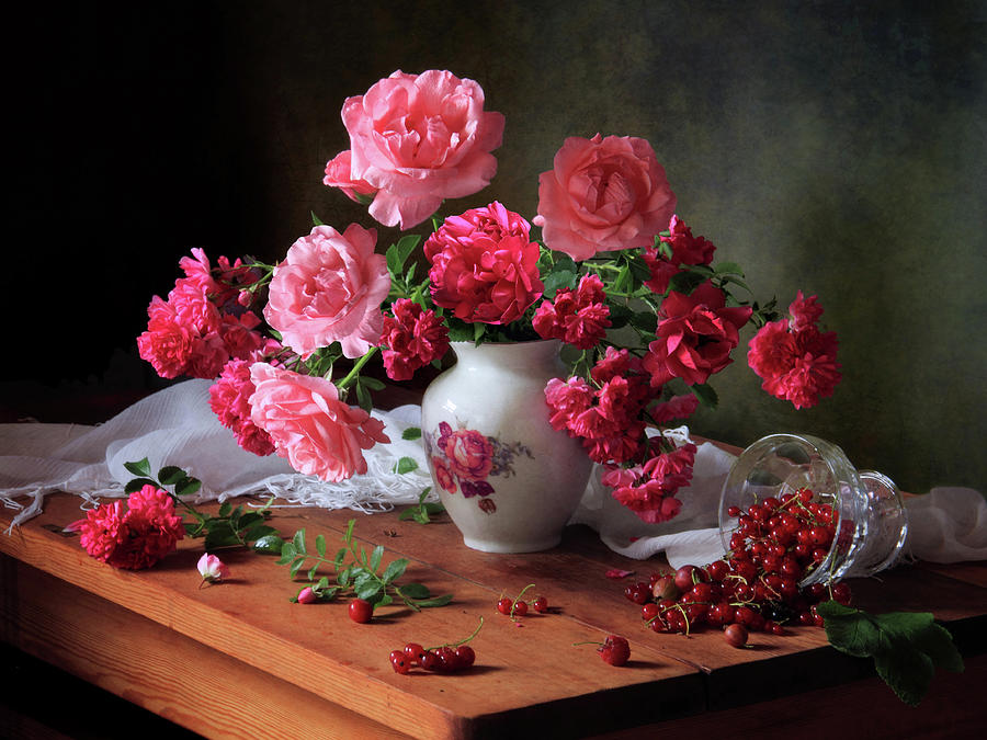 Rose Photograph - Still Life With Roses And Berries by ??????????? ??????????