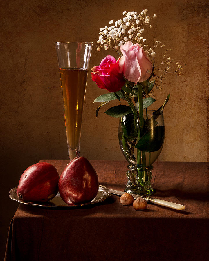 Still Life with Roses in Small Roemer and Two Red Pears Photograph by Levin Rodriguez