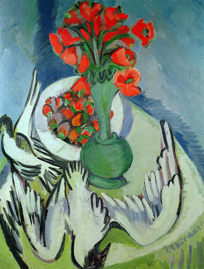 Still Life with Seagulls Poppies and Strawberries Painting by Ernst Ludwig Kirchner