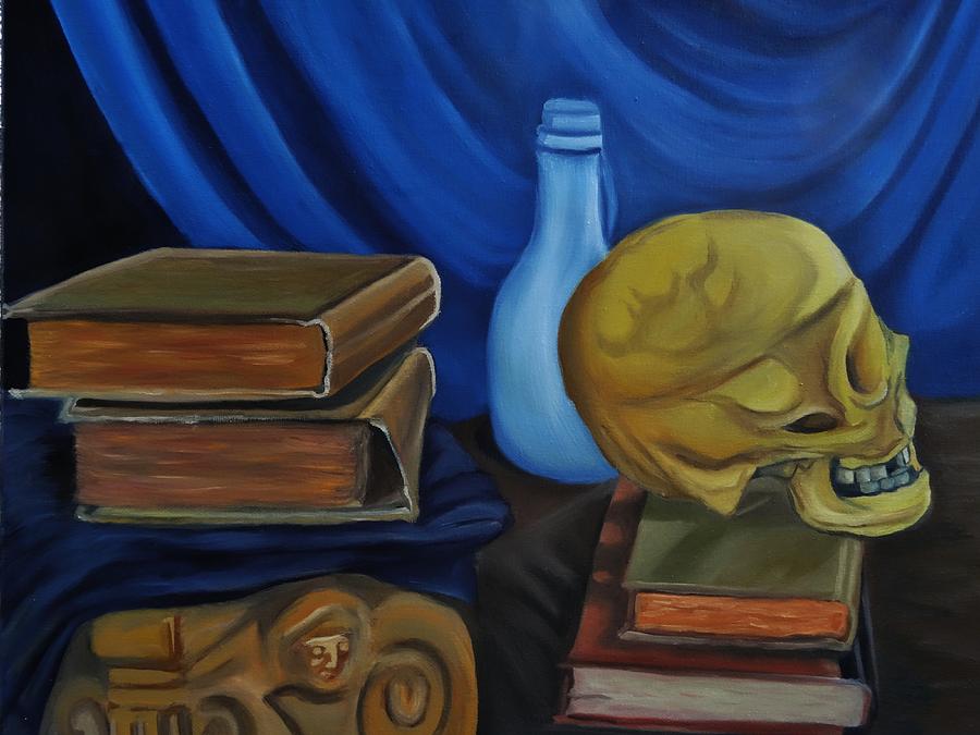 Still Life With Skull Books And Drapery Painting By Alexandra