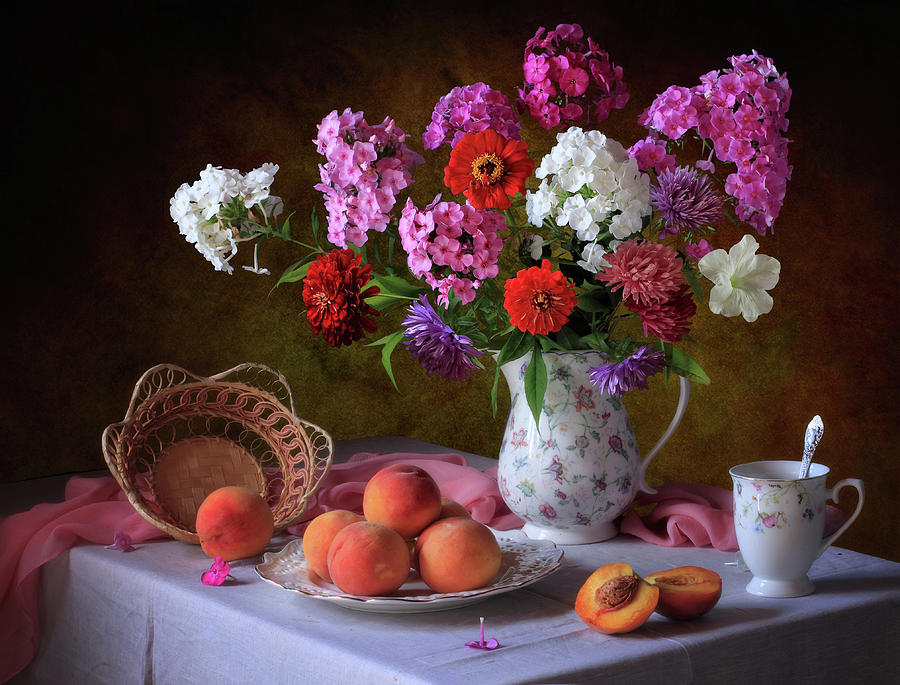 Flower Photograph - Still Life With Summer Bouquet And Peaches by ??????????? ??????????