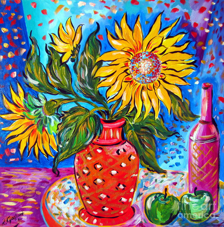 Still Life with Sunflowers apples and bottle Painting by Roberto Gagliardi