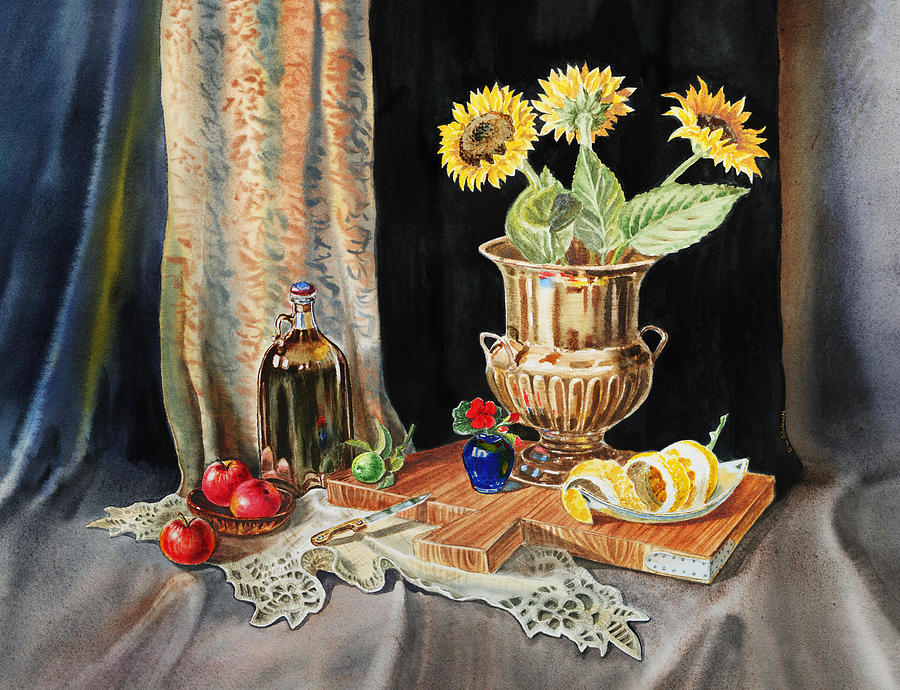 Sunflowers Painting - Still Life With Sunflowers Lemon Apples And Geranium by Irina Sztukowski Sunflowers Painting - Still Life With Sunflowers Lemon Apples And Geranium by Irina Sztukowski