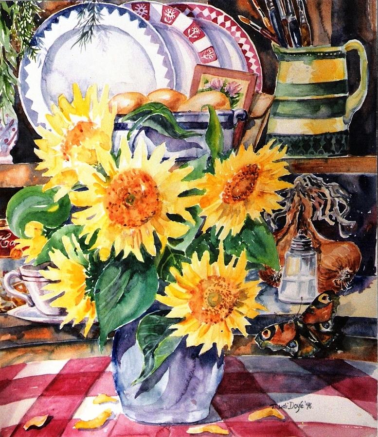 Butterfly Painting - Still lIfe with Sunflowers  by Trudi Doyle