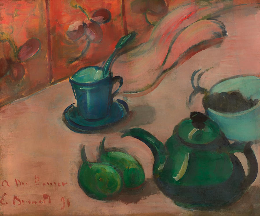 Vintage Painting - Still Life with Teapot Cup and Fruit by Mountain Dreams