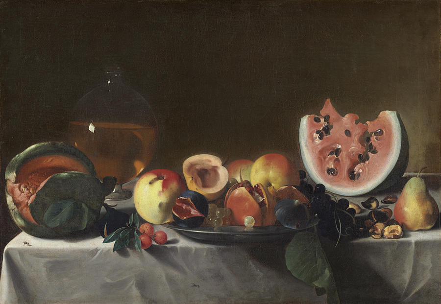 Still life with watermelons and carafe of white wine Painting by Carlo Saraceni