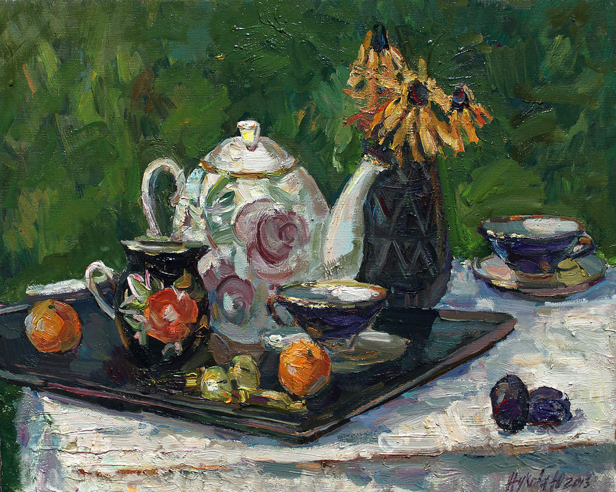 Still life with white teapot Painting by Juliya Zhukova