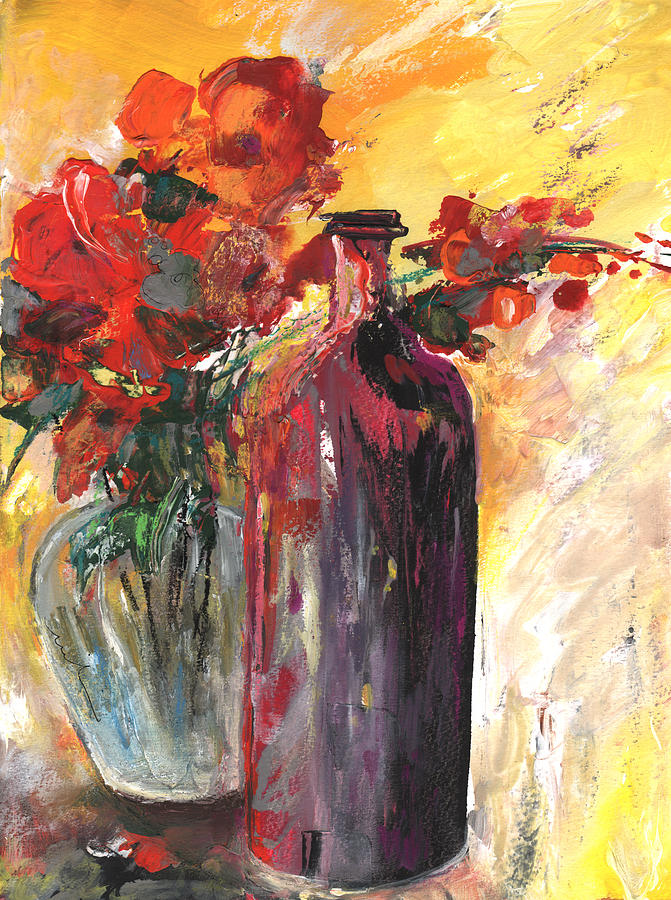 Still Live with Flowers Vase and Black Bottle Painting by Miki De Goodaboom